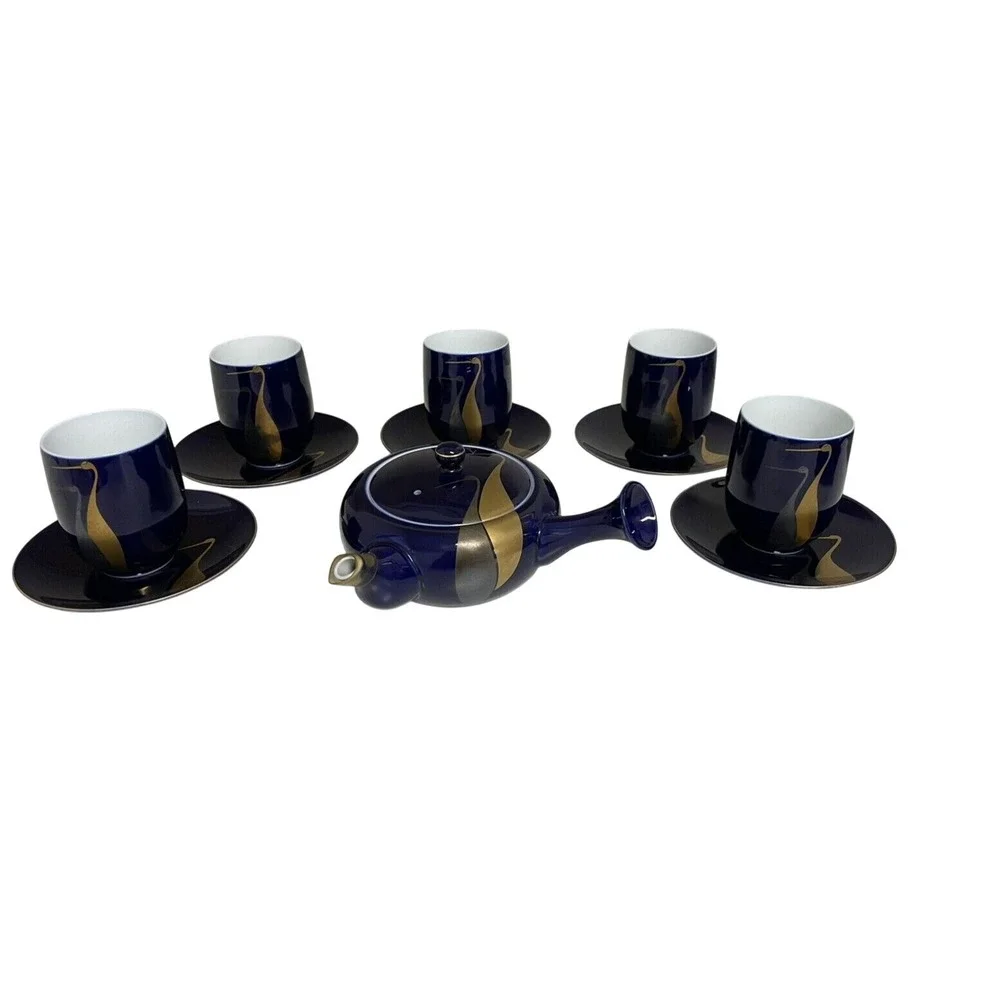 Vintage  Fukagawa Arita Cobalt Blue Gold Cranes Teapot‎ 5 Cups/5 Sm Plates